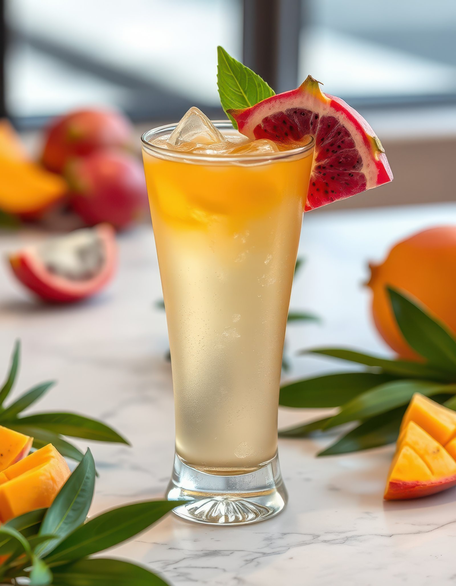 Refreshing tropical drink with colorful fruit garnishes and ice on a marble table in a bright setting